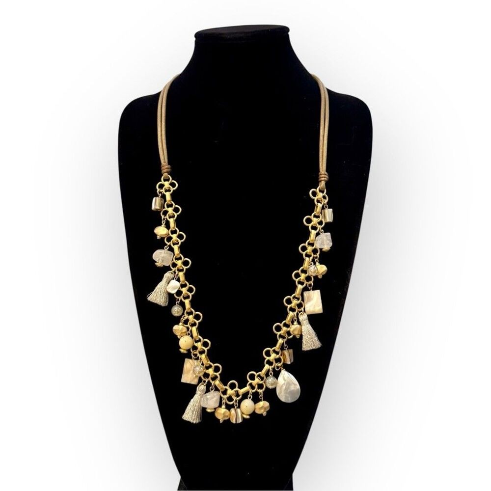 CHICO’S Long Charm Necklace Gold Boho Luxe Tassel & Stone Statement Necklace NEW